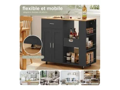 Isla de cocina con ruedas, carrito de cocina móvil con encimera y almacenaje, mueble de almacenaje, 102 × 46 × 92 cm, Negro