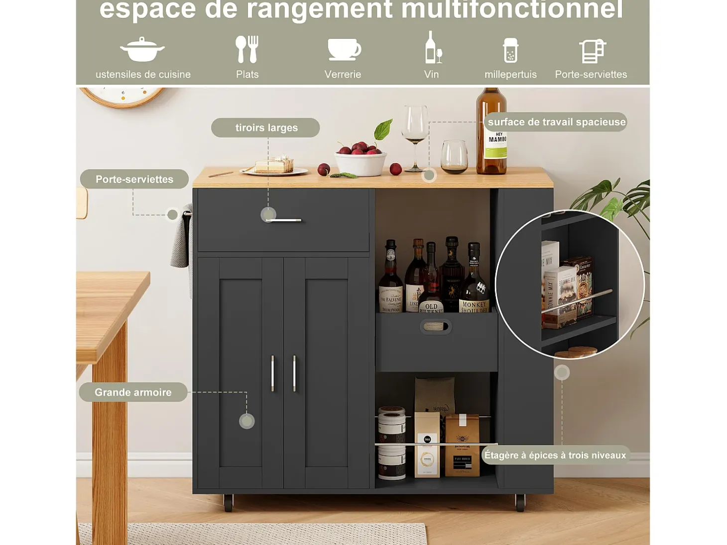 Isla de cocina con ruedas, carrito de cocina móvil con encimera y almacenaje, mueble de almacenaje, 102 × 46 × 92 cm, Negro