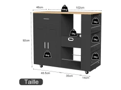 Isla de cocina con ruedas, carrito de cocina móvil con encimera y almacenaje, mueble de almacenaje, 102 × 46 × 92 cm, Negro