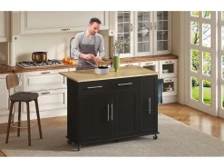 Isla de cocina con ruedas - 120 x 40/65 x 90 cm - con almacenaje extraíble + 2 cajones + 2 puertas - negro