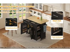 Isla de cocina con ruedas - 120 x 40/65 x 90 cm - con almacenaje extraíble + 2 cajones + 2 puertas - negro