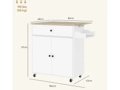 Isla de cocina con ruedas, con encimera abatible, cajón y balda, color blanco (106x42x87 cm)