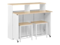 Isla de cocina con ruedas con 2 puertas y 2 sillas - Zona de comedor extensible - Blanco y natural claro
