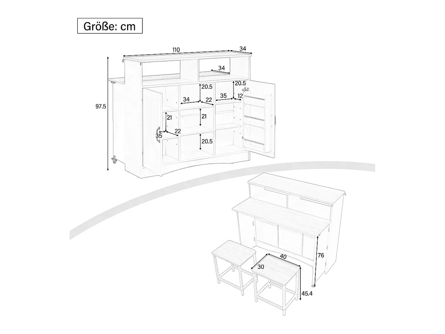 Isla de cocina con ruedas con 2 puertas y 2 sillas - Zona de comedor extensible - Blanco y natural claro