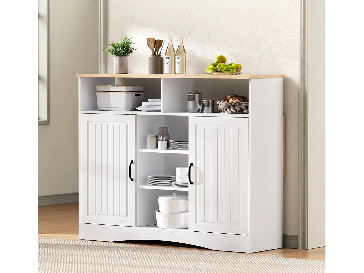 Isla de cocina con ruedas con 2 puertas y 2 sillas - Zona de comedor extensible - Blanco y natural claro