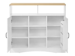 Isla de cocina con ruedas con 2 puertas y 2 sillas - Zona de comedor extensible - Blanco y natural claro