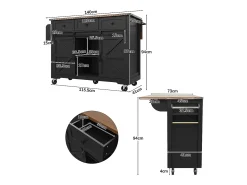 Isla de cocina con ruedas - 140 x 45 x 94 cm - con encimera extensible + 2 puertas + 3 cajones - Metal + MDF - negro