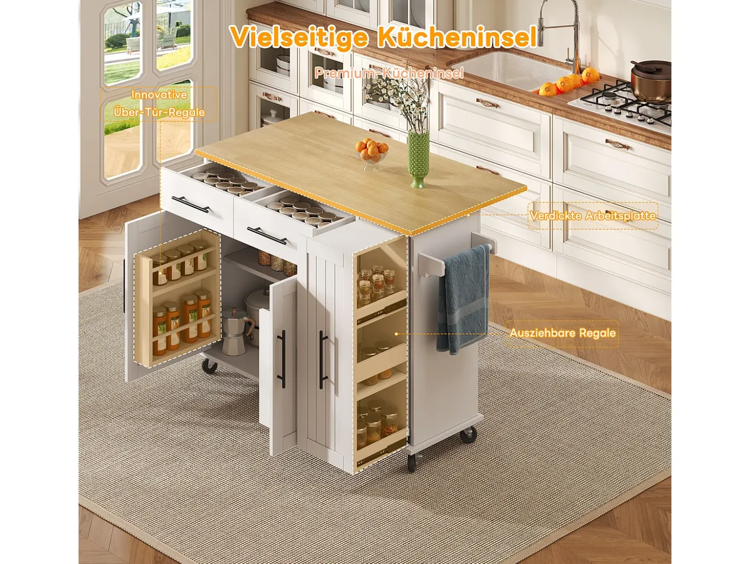 Isla de cocina con ruedas - 120 x 40 x 90 cm - con almacenaje deslizante + 2 cajones + 2 puertas - blanco