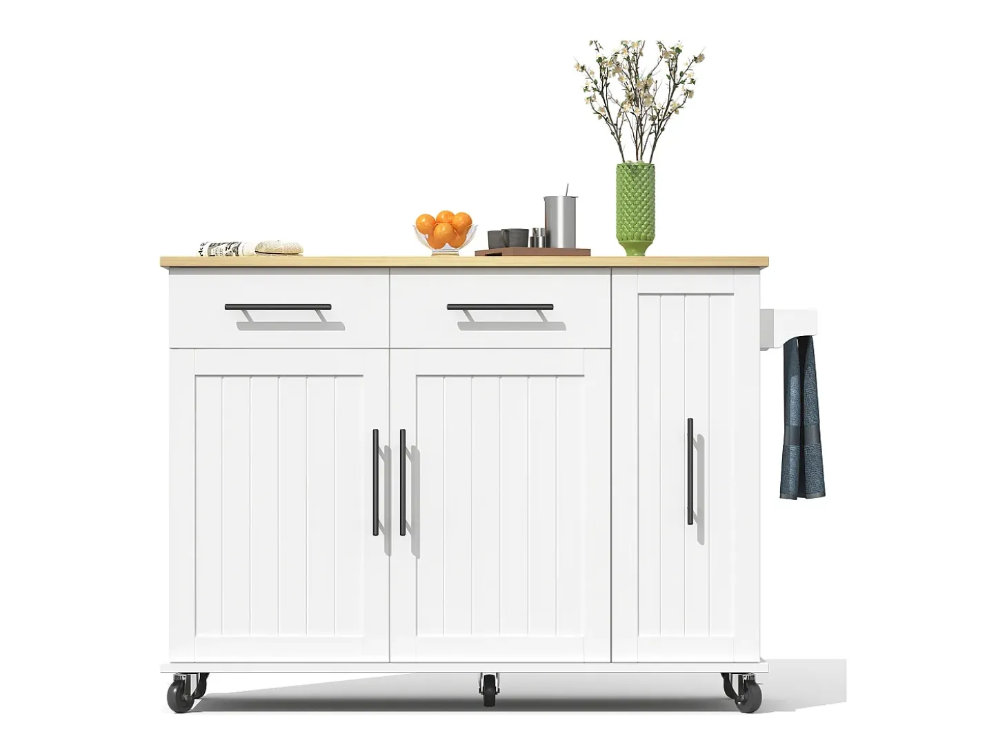 Isla de cocina con ruedas - 120 x 40 x 90 cm - con almacenaje deslizante + 2 cajones + 2 puertas - blanco