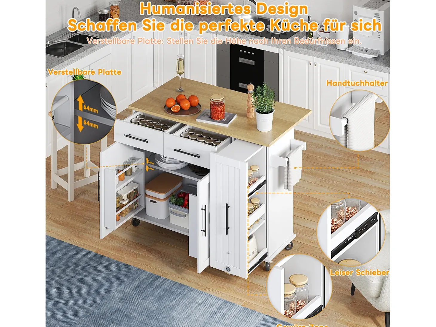 Isla de cocina con ruedas - 120 x 40 x 90 cm - con almacenaje deslizante + 2 cajones + 2 puertas - blanco