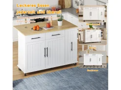 Isla de cocina con ruedas - 120 x 40 x 90 cm - con almacenaje deslizante + 2 cajones + 2 puertas - blanco