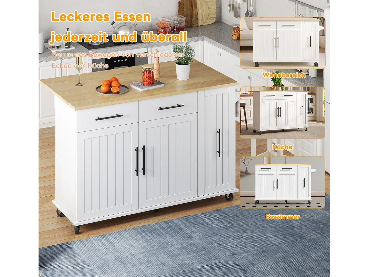 Isla de cocina con ruedas - 120 x 40 x 90 cm - con almacenaje deslizante + 2 cajones + 2 puertas - blanco