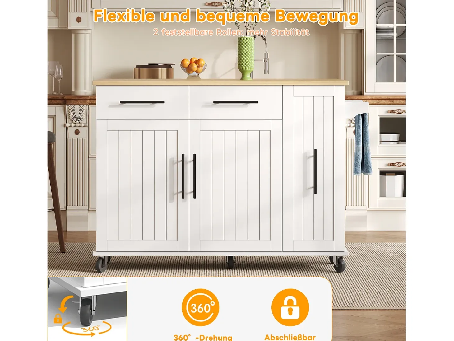 Isla de cocina con ruedas - 120 x 40 x 90 cm - con almacenaje deslizante + 2 cajones + 2 puertas - blanco
