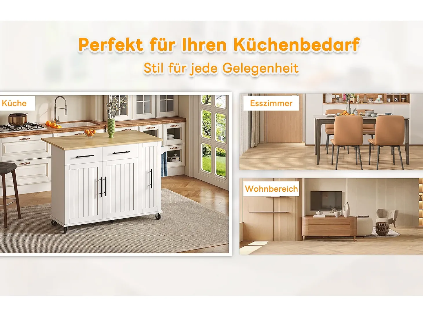 Isla de cocina con ruedas - 120 x 40 x 90 cm - con almacenaje deslizante + 2 cajones + 2 puertas - blanco