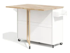 Isla de cocina con ruedas 137x43/76 cm con 3 cajones y 2 puertas - Blanco y madera