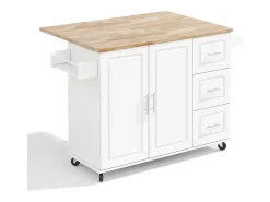 Isla de cocina con ruedas 137x43/76 cm con 3 cajones y 2 puertas - Blanco y madera