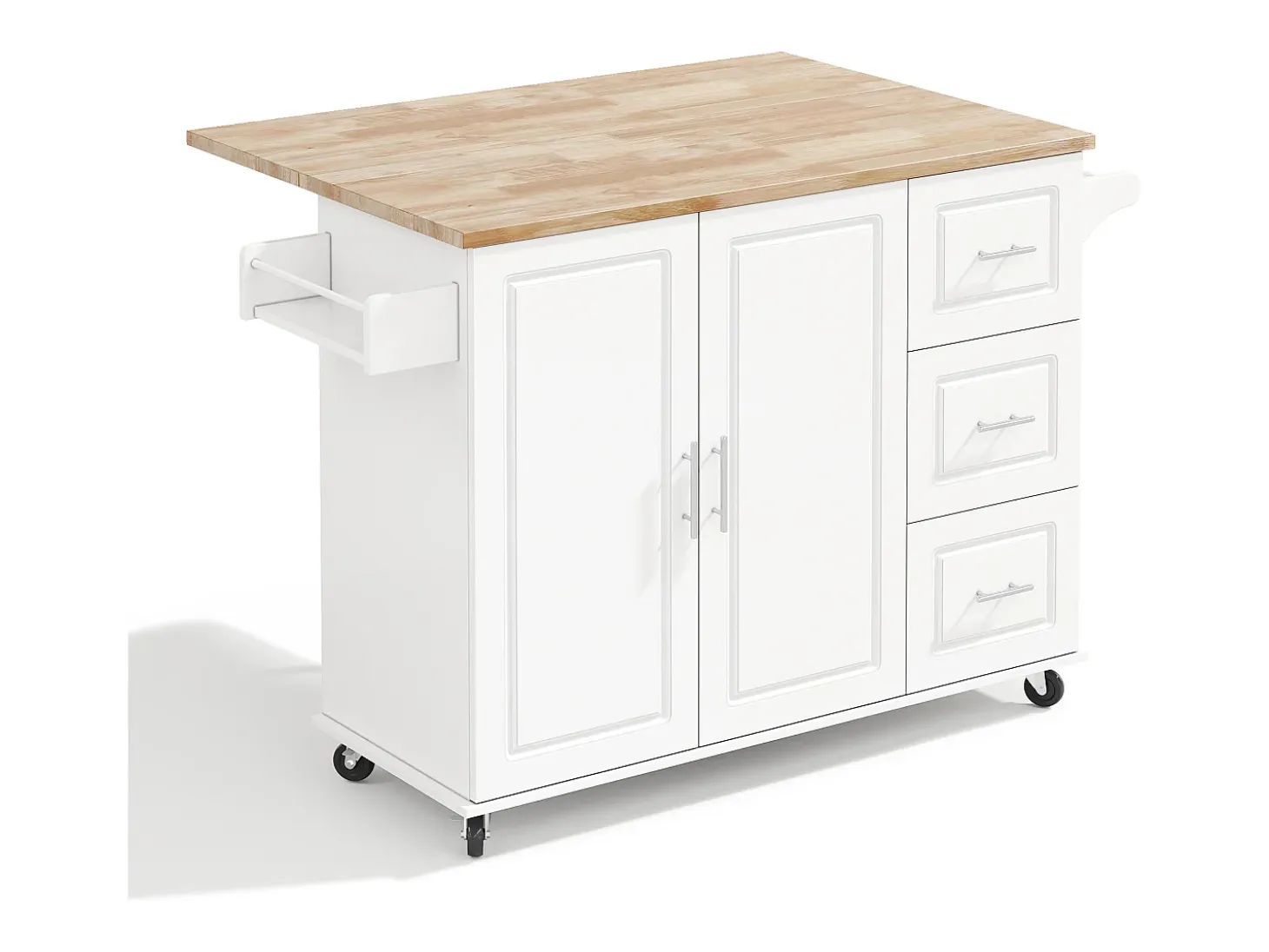 Isla de cocina con ruedas 137x43/76 cm con 3 cajones y 2 puertas - Blanco y madera