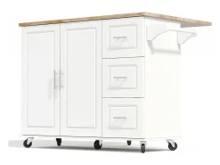 Isla de cocina con ruedas 137x43/76 cm con 3 cajones y 2 puertas - Blanco y madera