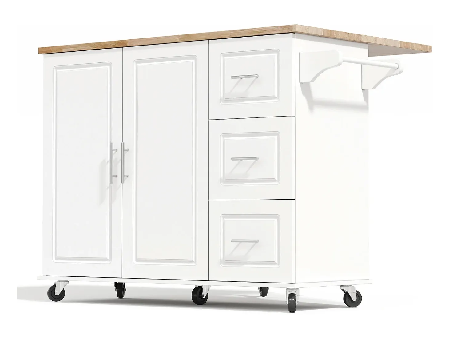 Isla de cocina con ruedas 137x43/76 cm con 3 cajones y 2 puertas - Blanco y madera