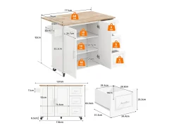 Isla de cocina con ruedas 137x43/76 cm con 3 cajones y 2 puertas - Blanco y madera