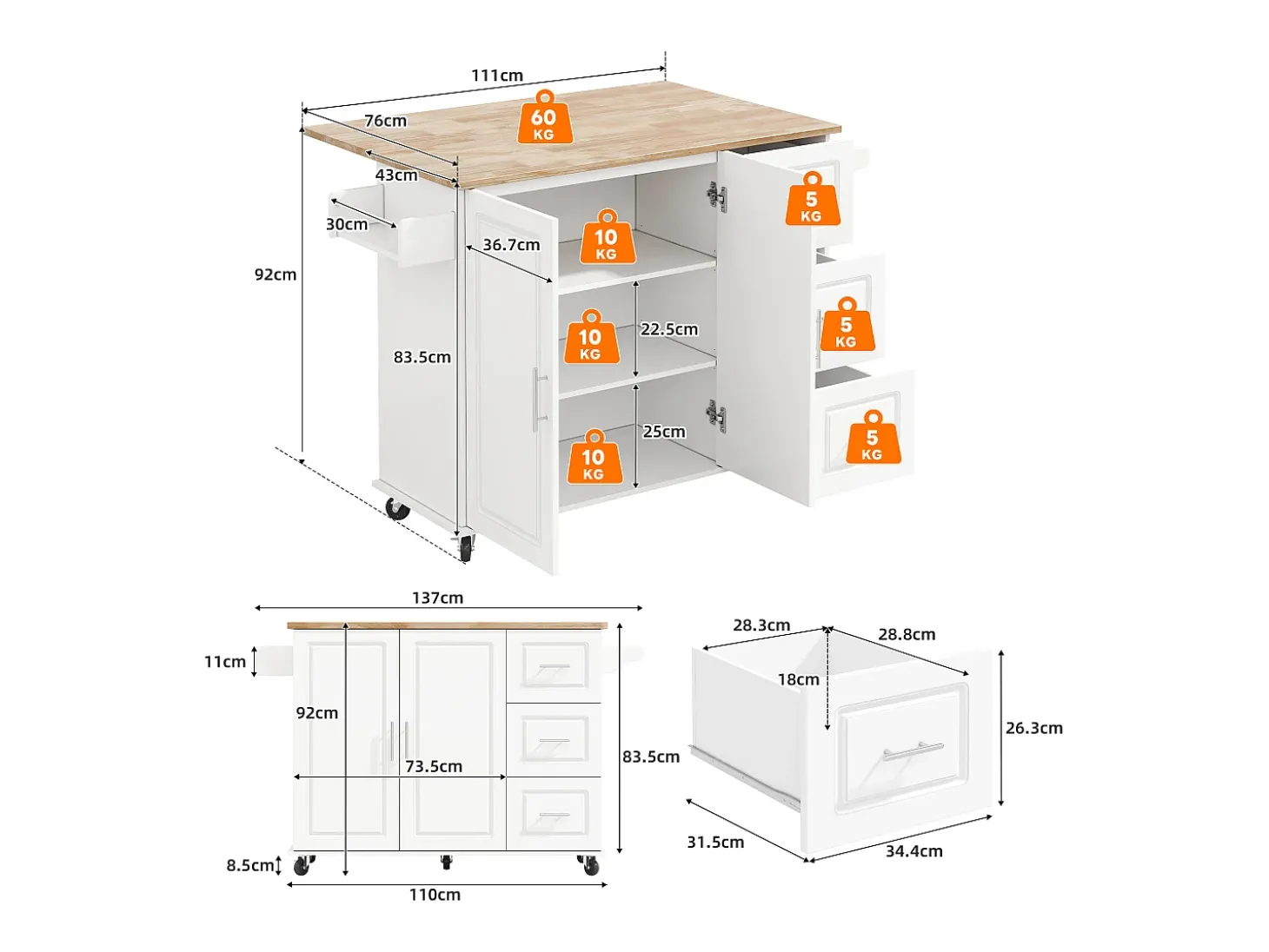 Isla de cocina con ruedas 137x43/76 cm con 3 cajones y 2 puertas - Blanco y madera