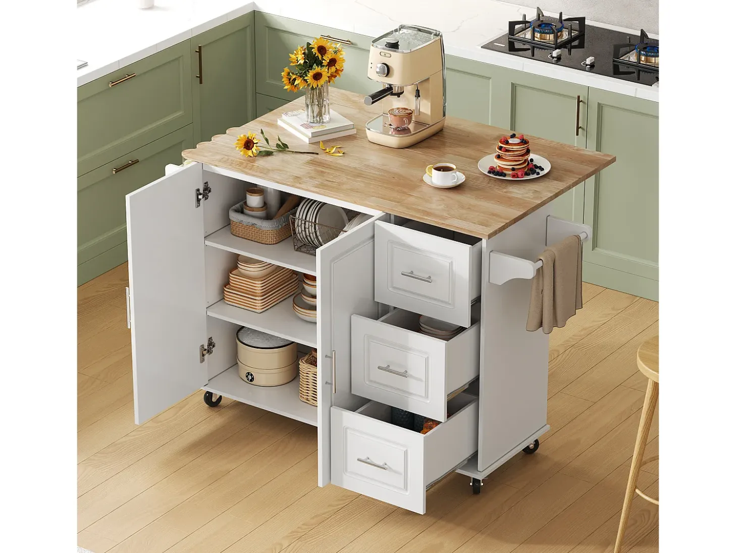 Isla de cocina con ruedas 137x43/76 cm con 3 cajones y 2 puertas - Blanco y madera