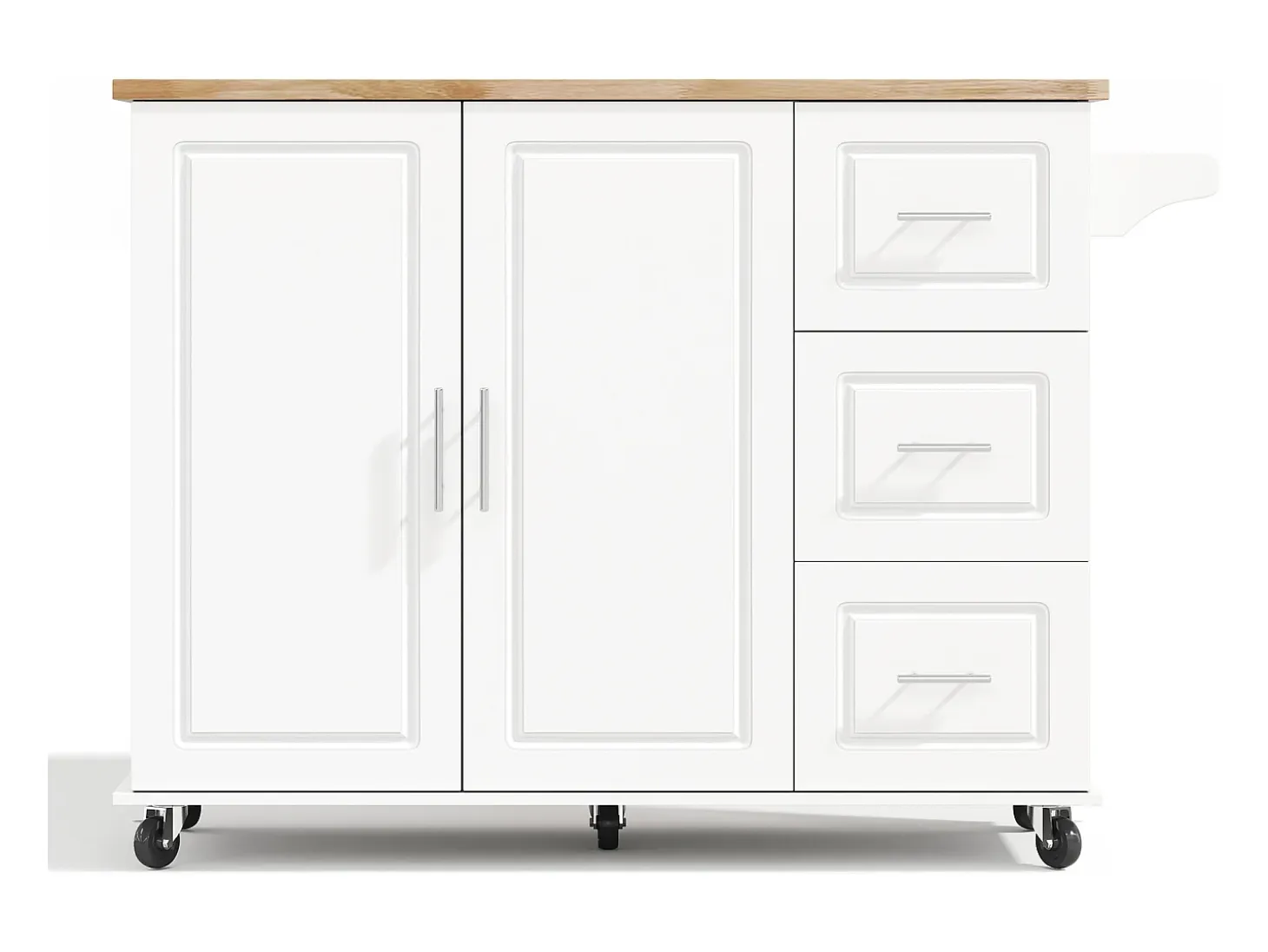 Isla de cocina con ruedas 137x43/76 cm con 3 cajones y 2 puertas - Blanco y madera