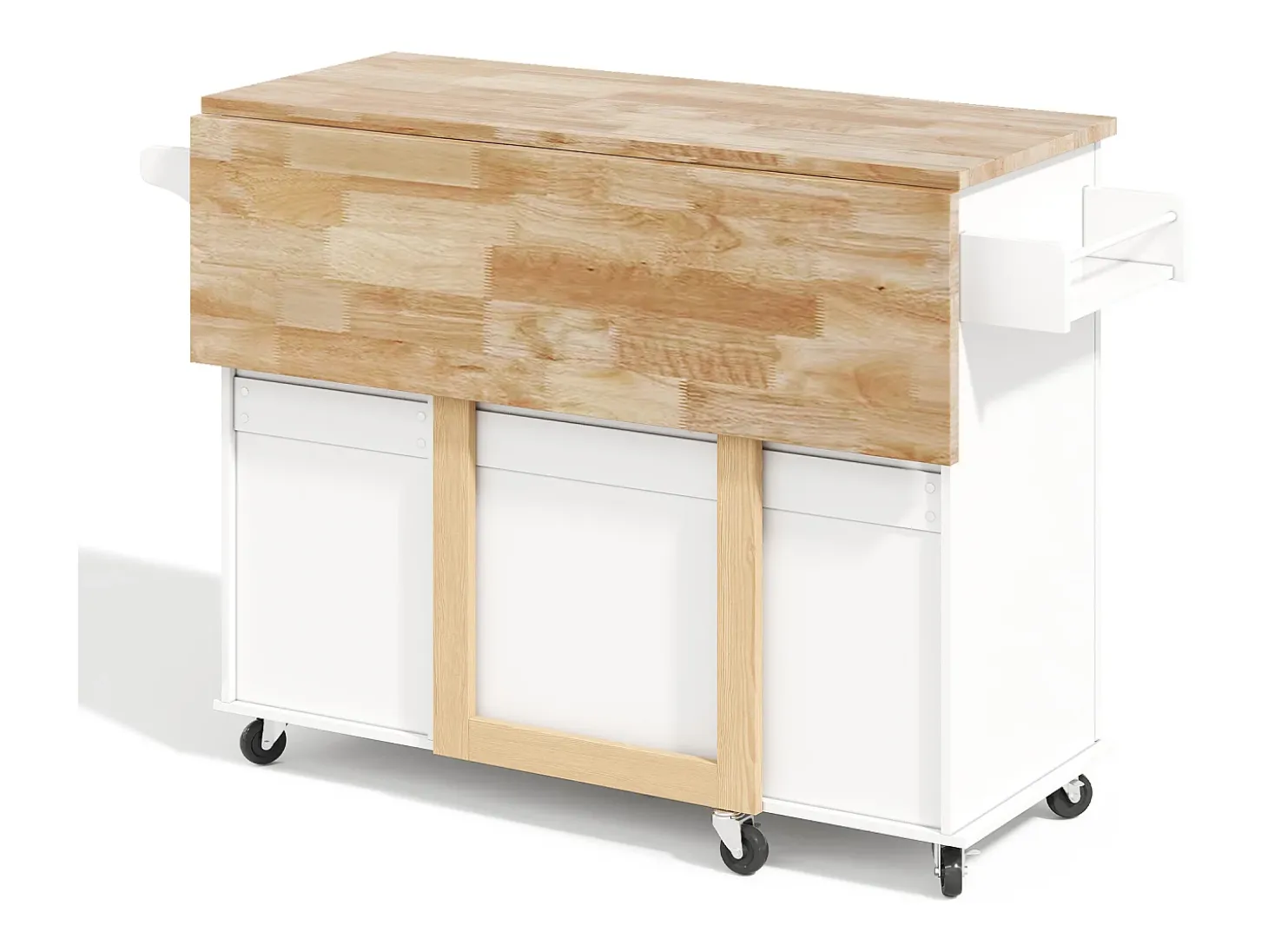 Isla de cocina con ruedas 137x43/76 cm con 3 cajones y 2 puertas - Blanco y madera
