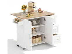 Isla de cocina con ruedas 137x43/76 cm con 3 cajones y 2 puertas - Blanco y madera