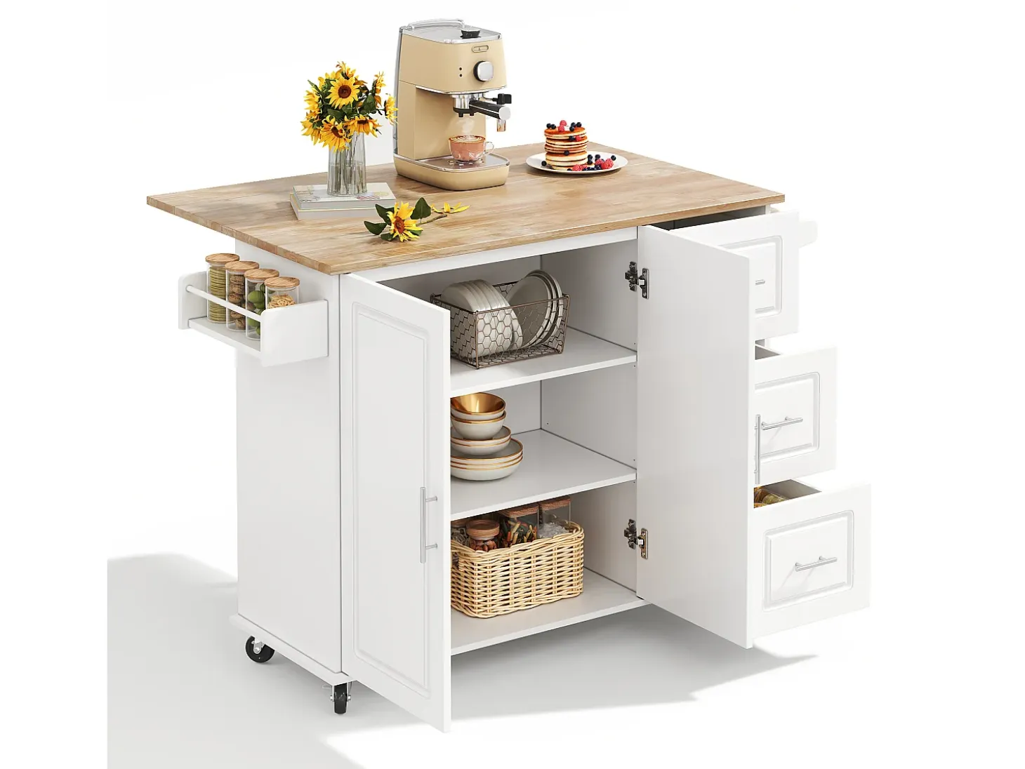 Isla de cocina con ruedas 137x43/76 cm con 3 cajones y 2 puertas - Blanco y madera