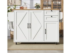 Isla de cocina con ruedas - 140 x 43 x 92 cm - con encimera extensible + 3 puertas + 2 cajones - Metal + MDF - blanco