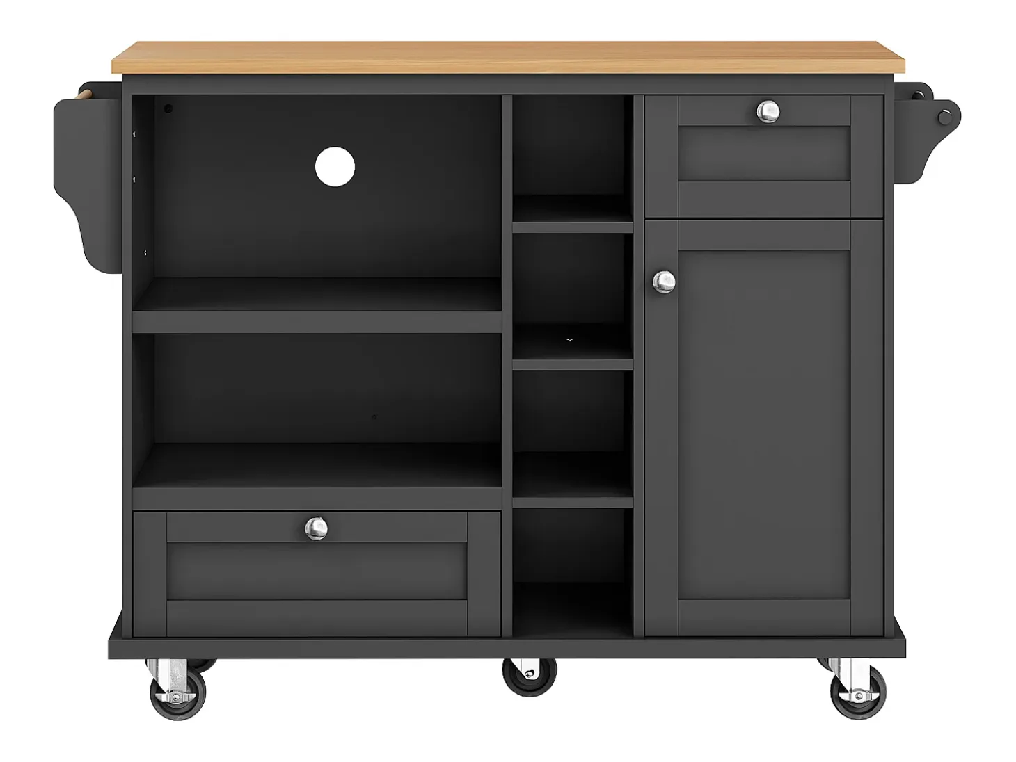 Isla de cocina con ruedas, puerta y 2 cajones - encimera efecto madera - Negra