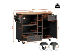 Isla de cocina con ruedas, puerta y 2 cajones - encimera efecto madera - Negra