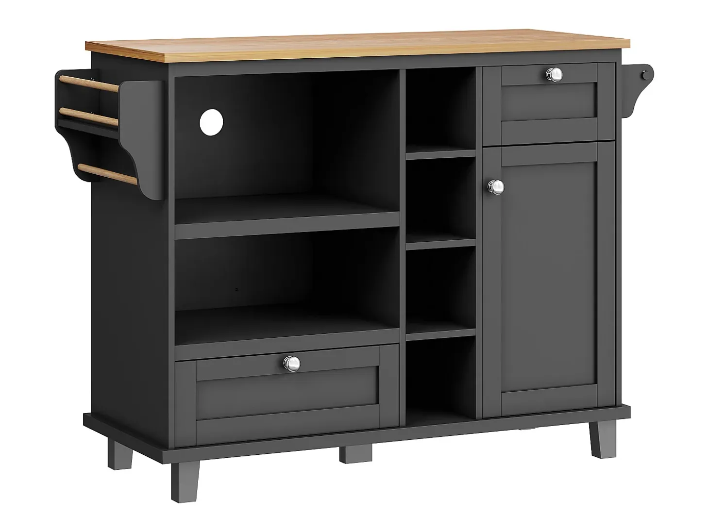 Isla de cocina con ruedas, puerta y 2 cajones - encimera efecto madera - Negra