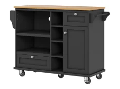Isla de cocina con ruedas, puerta y 2 cajones - encimera efecto madera - Negra