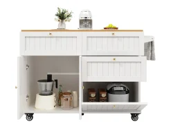 Isla de cocina con ruedas - 133 x 70 x 88 cm - Carrito con módulos extensibles + 3 cajones + 3 puertas - MDF - Blanco