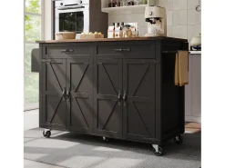 Isla de cocina con ruedas - 140 x 45 x 90 cm - con encimera extensible + 4 puertas + 2 cajones - Metal + MDF - negro