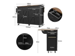 Isla de cocina con ruedas - 140 x 45 x 90 cm - con encimera extensible + 4 puertas + 2 cajones - Metal + MDF - negro