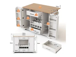 Isla de cocina con ruedas con 2 puertas, 2 cajones y botellero - Blanco - Madera MDF