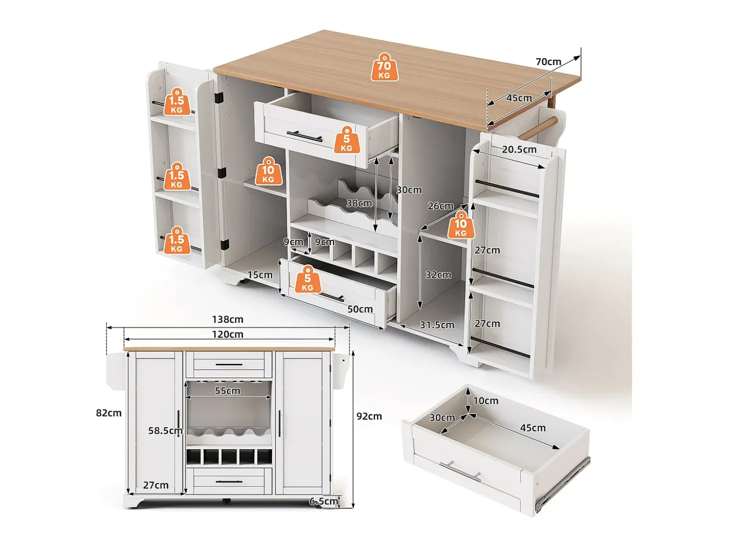 Isla de cocina con ruedas con 2 puertas, 2 cajones y botellero - Blanco - Madera MDF