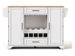 Isla de cocina con ruedas con 2 puertas, 2 cajones y botellero - Blanco - Madera MDF