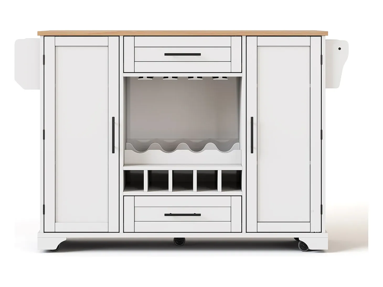 Isla de cocina con ruedas con 2 puertas, 2 cajones y botellero - Blanco - Madera MDF