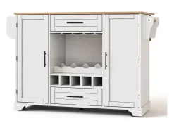 Isla de cocina con ruedas con 2 puertas, 2 cajones y botellero - Blanco - Madera MDF