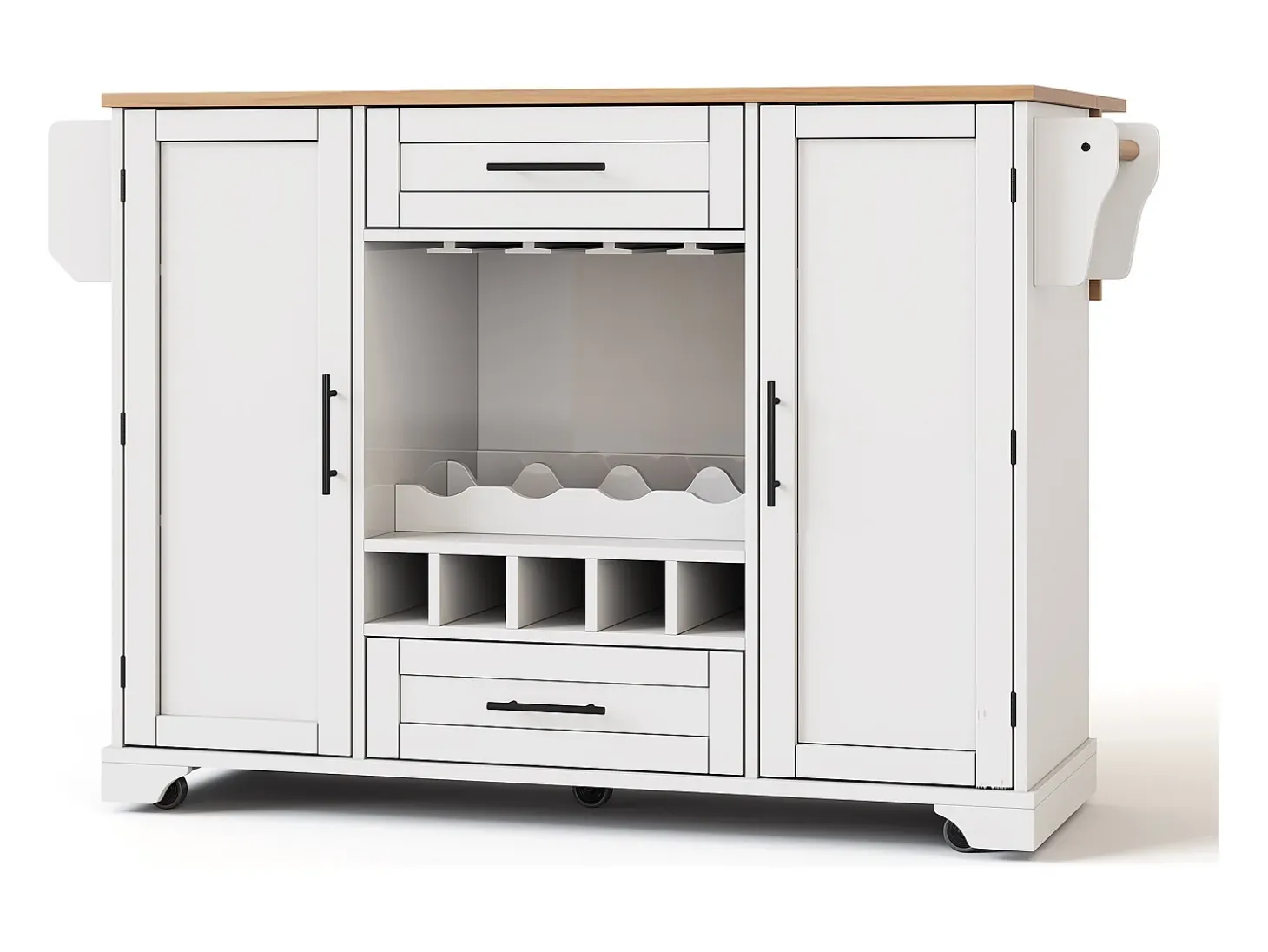 Isla de cocina con ruedas con 2 puertas, 2 cajones y botellero - Blanco - Madera MDF