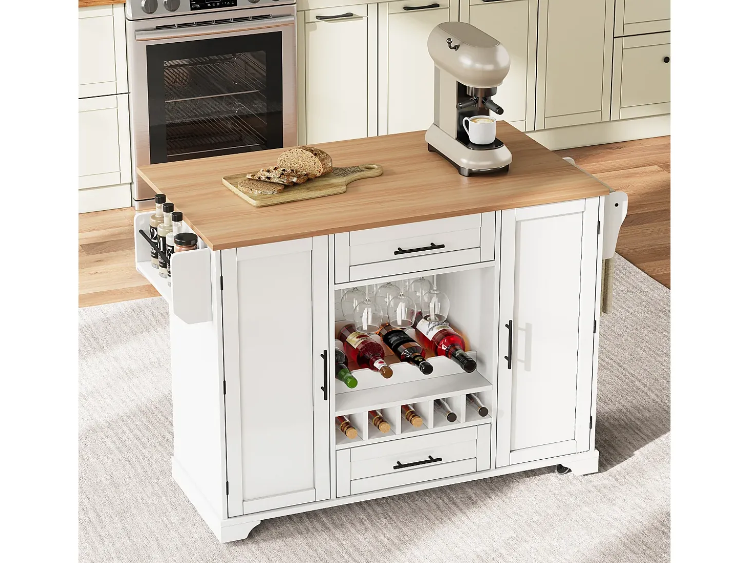 Isla de cocina con ruedas con 2 puertas, 2 cajones y botellero - Blanco - Madera MDF