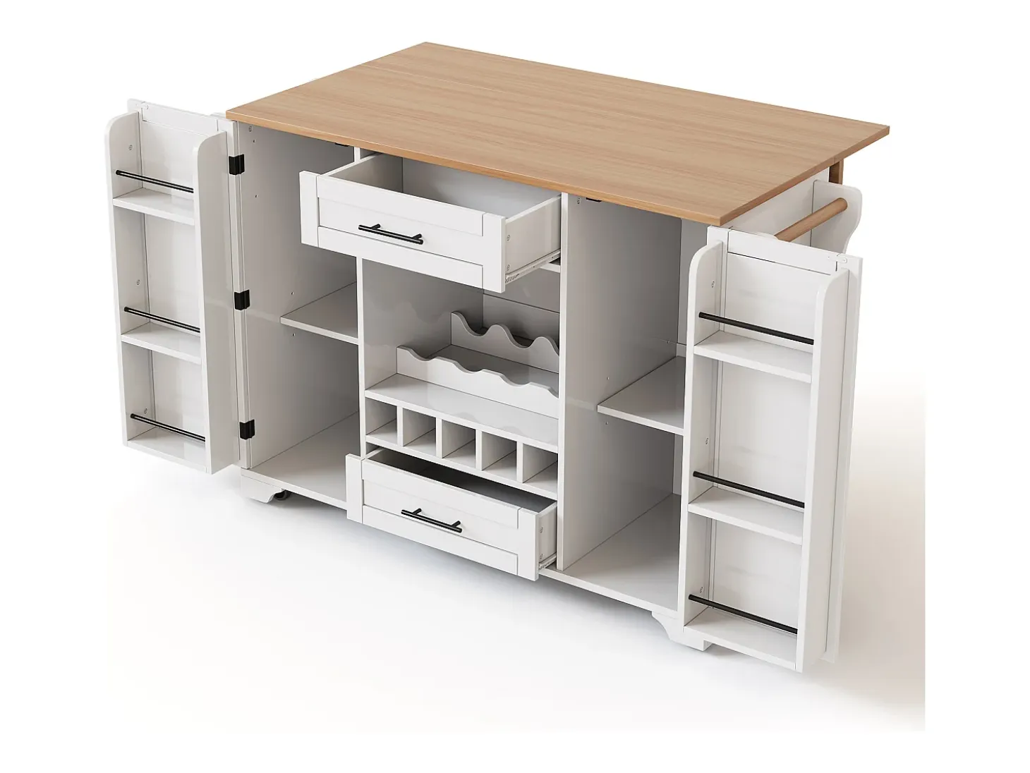 Isla de cocina con ruedas con 2 puertas, 2 cajones y botellero - Blanco - Madera MDF