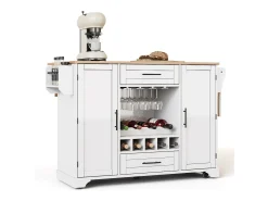 Isla de cocina con ruedas con 2 puertas, 2 cajones y botellero - Blanco - Madera MDF