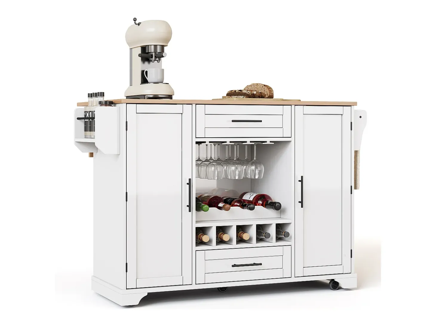 Isla de cocina con ruedas con 2 puertas, 2 cajones y botellero - Blanco - Madera MDF