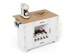 Isla de cocina con ruedas con 2 puertas, 2 cajones y botellero - Blanco - Madera MDF