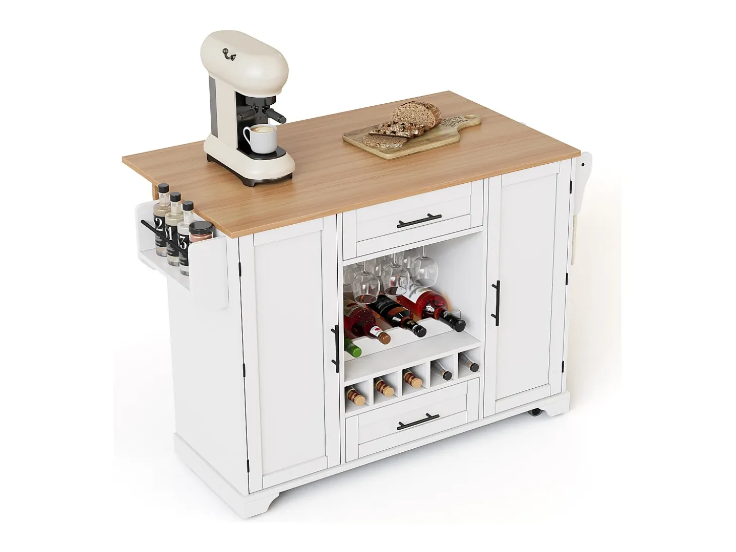 Isla de cocina con ruedas con 2 puertas, 2 cajones y botellero - Blanco - Madera MDF